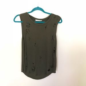 Army Green Muscle Tee Distressed w Holes